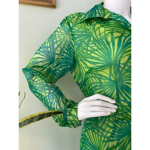 ICE Vintage Silk Wrap Dress Green Tropical Palm Print Chiffon Midi Summer Sz 12 - Picture 11 of 11